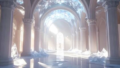 Fototapeta premium Ethereal Hallway with Glowing Light and Pillars.