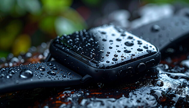 Tech's Embrace: A sleek smartwatch sits glistening, adorned with raindrops. Reflecting tech innovation, this image captures the modern, water-resistant elegance of wearable tech. - Powered by Adobe