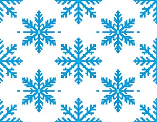 A seamless repeating pattern of cyan pixelated snowflakes on a white background, evoking winter and cold