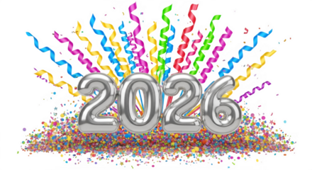 Silver 2026 balloons and colorful confetti explosion celebrate new year s eve party festive celebration