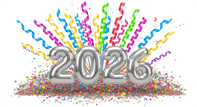 Silver 2026 balloons and colorful confetti explosion celebrate new year s eve party festive celebration