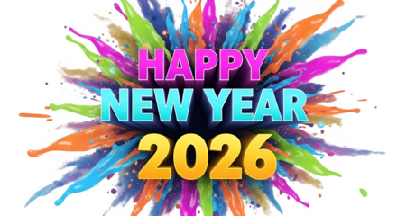 Vibrant and colorful explosion of paint splatter celebrating happy new year 2026