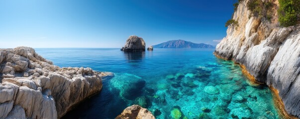 Vista Coastline Natural wonder concept. Tranquil coastal landscape with clear blue water and rocky formations.