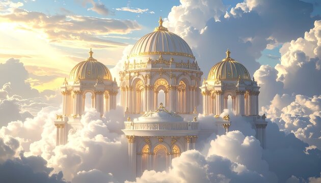 Heavenly Golden Domes Amidst Fluffy Clouds at Sunset.