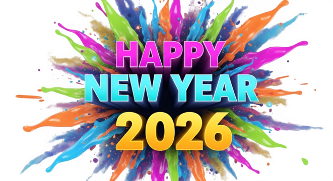 Vibrant and colorful explosion of paint splatter celebrating happy new year 2026