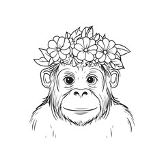 Hand-Drawn Monkey with Floral Crown &ndash; Cute Jungle Animal Illustration