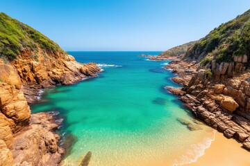 Vista Coastline Natural wonder concept. Tranquil turquoise cove surrounded by rocky cliffs and clear skies.