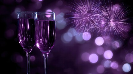 Champagne Glasses with Purple Fireworks Celebration Background