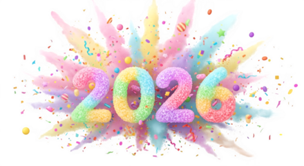 Vibrant 2026 year number exploding with colorful powder paint splatter on black background