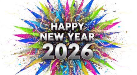 Vibrant explosion of colorful paint splashes and streamers celebrates happy new year 2026 with a festive bang