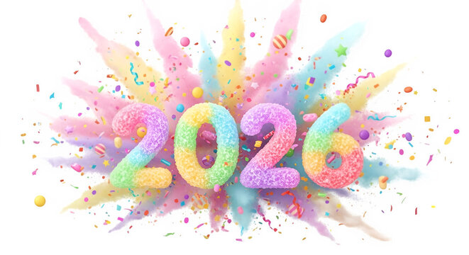 Vibrant 2026 year number exploding with colorful powder paint splatter on black background