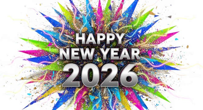 Vibrant explosion of colorful paint splashes and streamers celebrates happy new year 2026 with a festive bang