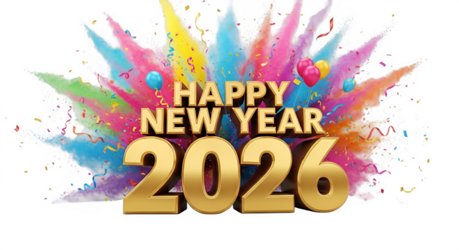 Happy new year 2026 with vibrant exploding colorful powder and confetti on black background