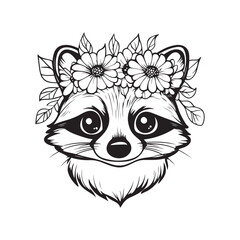 Hand-Drawn Raccoon Head with Floral Crown &ndash; Cute Woodland Animal Illustration