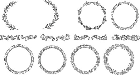 Elegant decorative frames and floral borders vector illustration, vintage ornamental wreaths and round designs set for invitations, logos, and classic decoration artwork