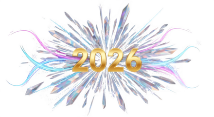 Golden 2026 numerals bursting with colorful light streaks and ice shards on black background