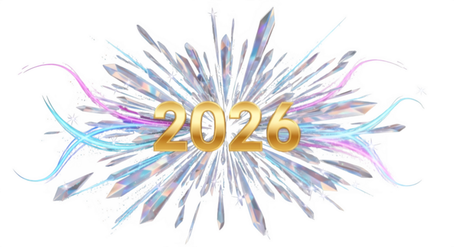 Golden 2026 numerals bursting with colorful light streaks and ice shards on black background