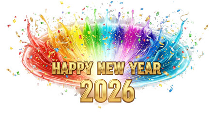 Vibrant rainbow splash with happy new year 2026 text and confetti on black background