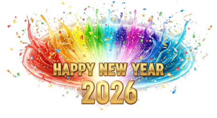 Vibrant rainbow splash with happy new year 2026 text and confetti on black background