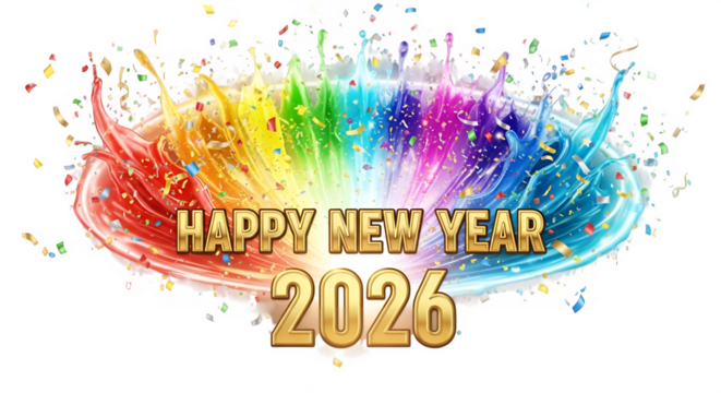 Vibrant rainbow splash with happy new year 2026 text and confetti on black background