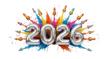 Silver number balloons 2026 exploding with colorful powder against a black background