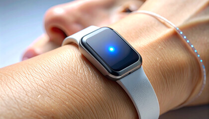 Technology on Wrist: The close-up shot focuses on a wrist, featuring a modern smartwatch with a sleek design. The device's screen emits a soft blue light, hinting at cutting-edge tech.