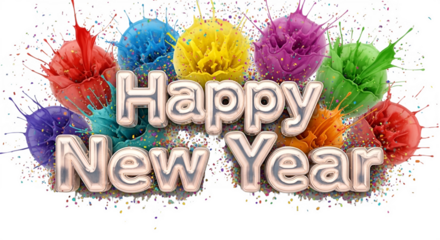 Happy new year text with colorful pom poms and sparkling fireworks on a dark background