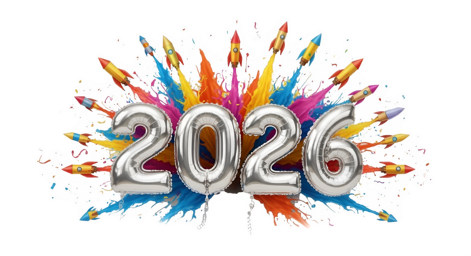 Silver number balloons 2026 exploding with colorful powder against a black background