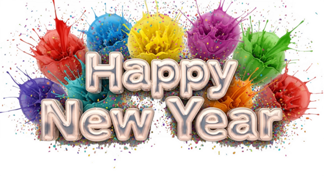 Happy new year text with colorful pom poms and sparkling fireworks on a dark background