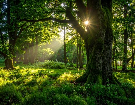 Sun rays stream through a vibrant green forest canopy, illuminating the scene