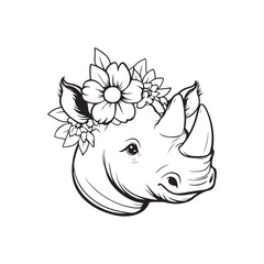 Hand-Drawn Rhino Head with Floral Crown &ndash; Elegant Wildlife Illustration