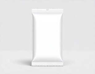 A vertical, sealed white package with a rounded top and a small hole, set against a plain light gray backdrop