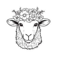 Elegant Sheep Illustration with Floral Crown – Hand-Drawn Farm Animal Artwork
