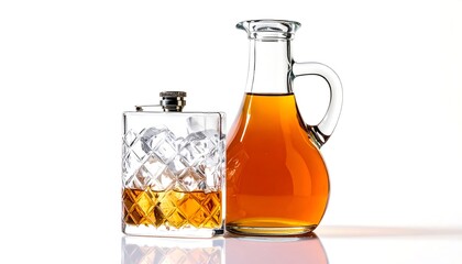 A square glass flask and a glass pitcher, both filled with amber-colored liquid, sit against a white background. The flask contains ice