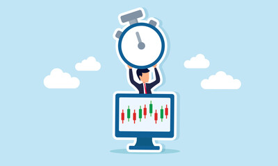 Businessman holding a stopwatch emerging from a monitor displaying candlestick charts illustration of stock market trading hours