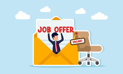Businessman holding a JOB OFFER text emerging from a document envelope near a work chair with a VACANT sign illustration of applying for a specific job position in a company