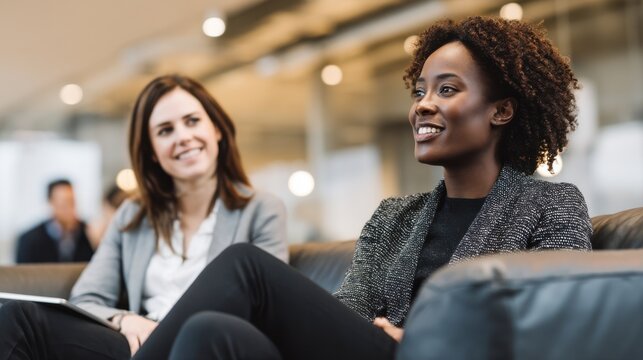 Networking event highlights professional women engaging in conversation modern office space business environment close-up view