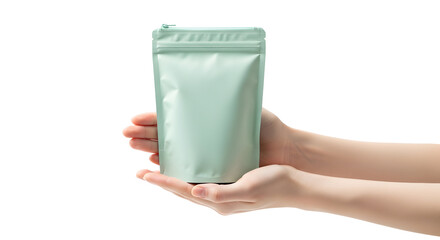 Hands holding a mint green stand-up pouch with a zipper closure, perfect for packaging