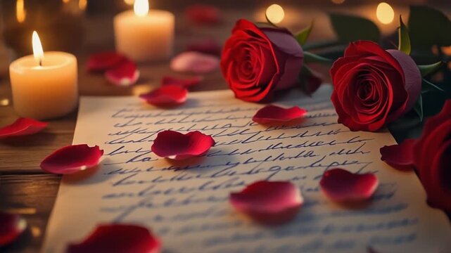 Romantic evening scene with handwritten love letter, red roses, and warm glowing candles, creating an intimate and heartfelt ambiance for a special celebration or message of affection