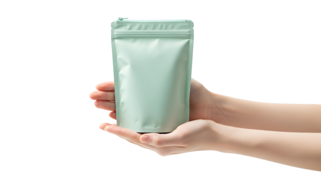 Hands holding a mint green stand-up pouch with a zipper closure, perfect for packaging
