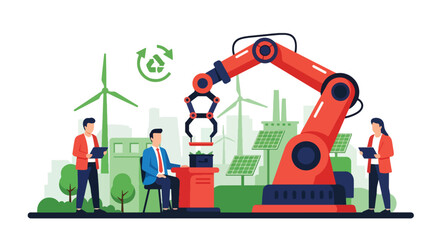 Flat vector illustration of eco-friendly assembly robots building green products with energy-efficient equipment. Solid tones, no gradients, sustainable industrial automation