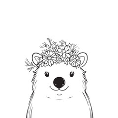 Cute Bear with Flower Crown &mdash; Kawaii Animal Line Art Illustration