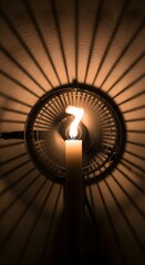 A single lit candle with a flickering flame positioned at the center of a spiral staircase, casting intricate shadows on the surrounding walls and creating a warm, inviting atmosphere