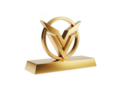 Golden laurel wreath trophy award on a rectangular pedestal isolated on transparent background