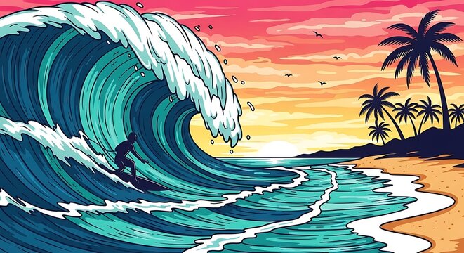 Vibrant illustration of a surfer riding a large ocean wave at sunset - Powered by Adobe