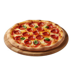 Classic Pepperoni Pizza With Melted Mozzarella Cheese And Fresh Basil Leaves On A Wooden Board Isolated On A Black Background Studio Shot Appetizing Italian Food Photography