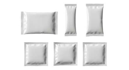 Collection of six blank white sachets and pouches for packaging product samples