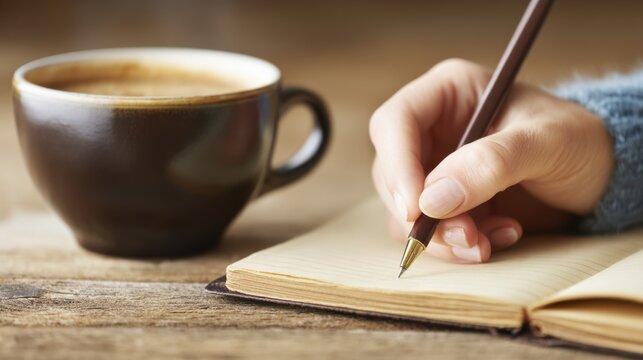 Writing inspiration cozy coffee shop personal journal warm environment close-up perspective mindfulness concept