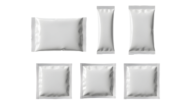 Collection of six blank white sachets and pouches for packaging product samples