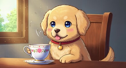 Golden Retriever Puppy's Tea Time: A charming illustration depicts a golden retriever puppy enjoying a delightful tea break, exuding innocence and warmth.
